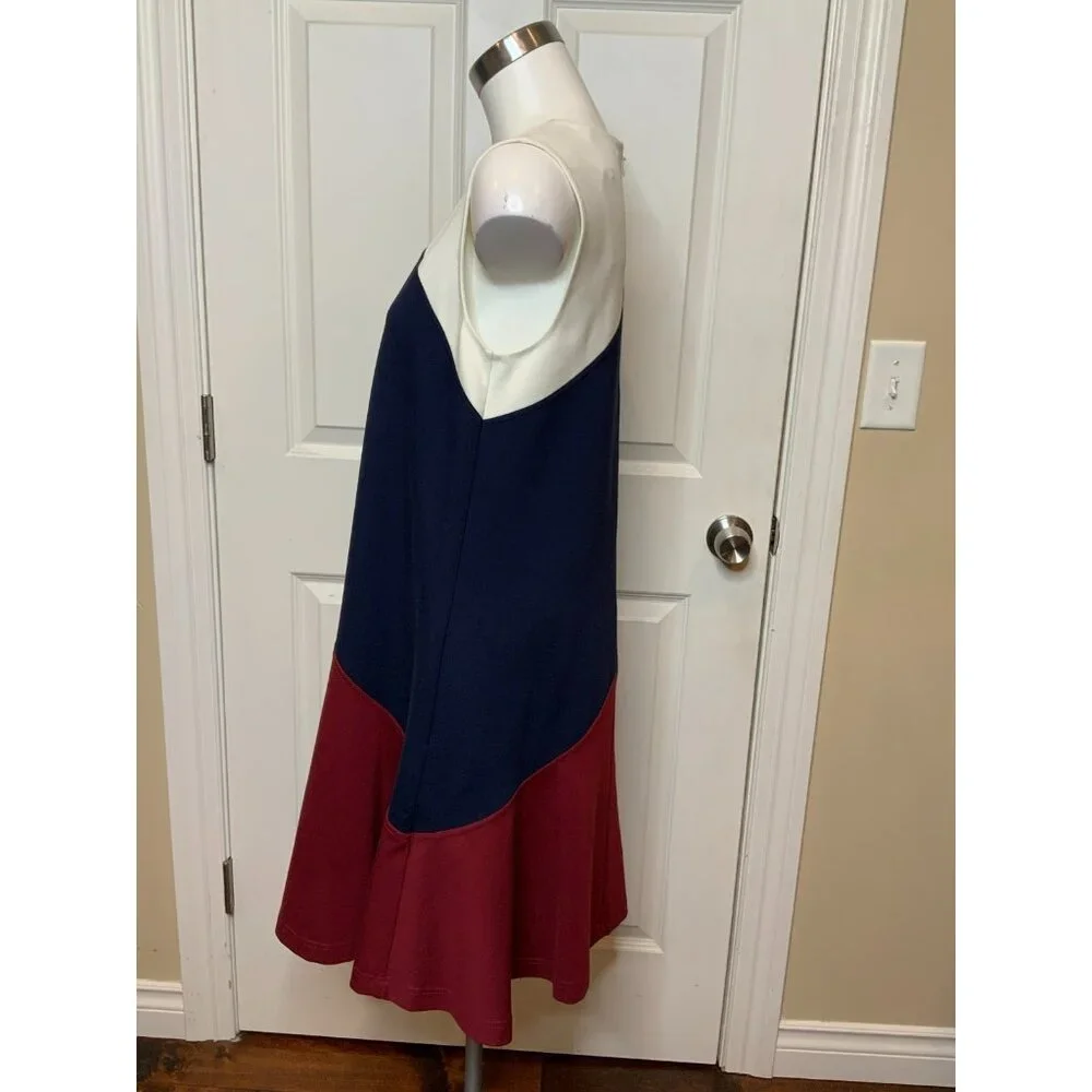Tory Burch Willa Navy Blue, Maroon & Cream Colorblock A-Line Dress, Size M